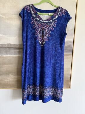 Chico's Shift Dress Boho Blue Paisley Medallion Sz 2